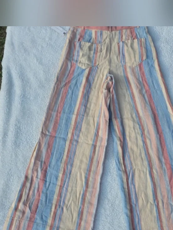 NWT Anthropologie Beachy Wide-Leg Pants w Belt Size 4 Yellow Blue Linen Pockets - Picture 8 of 16